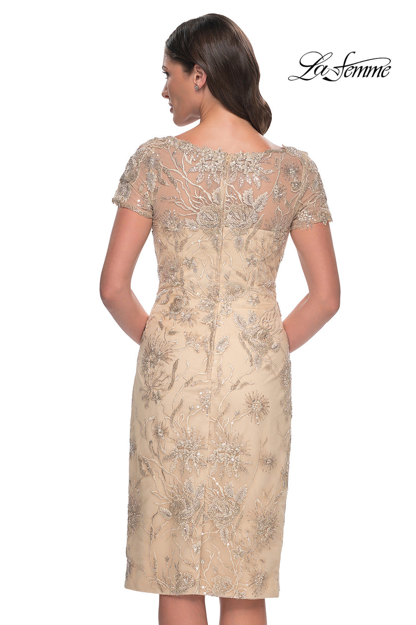 Picture of: Beaded Short Evening Dress with Illusion Neckline in Champagne, Style: 30801, Back Picture