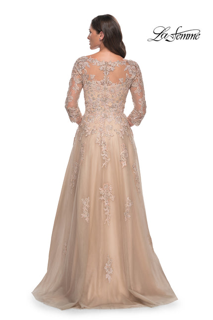 Picture of: A-Line Tulle and Lace Applique Gown with Lace Sleeves in Champagne, Style: 30859, Back Picture