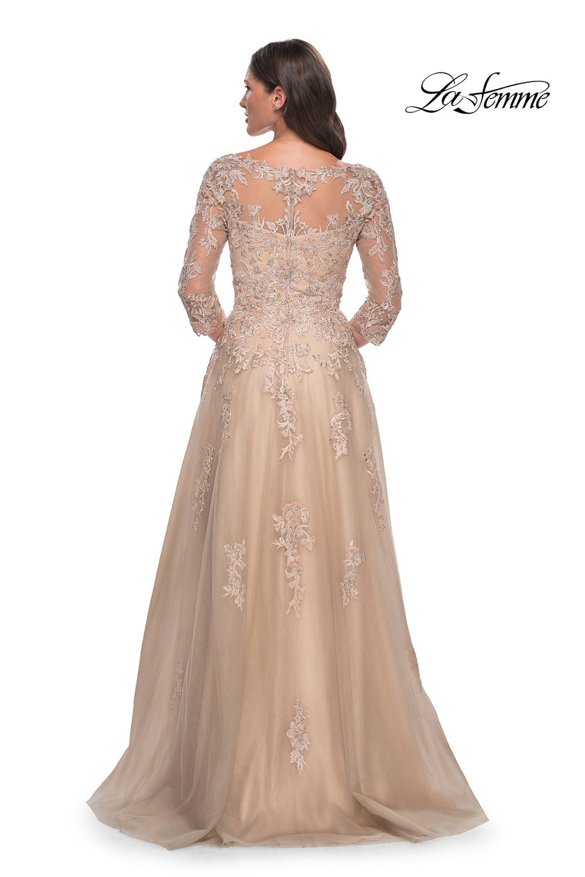 Picture of: A-Line Tulle and Lace Applique Gown with Lace Sleeves in Champagne, Style: 30859, Back Picture