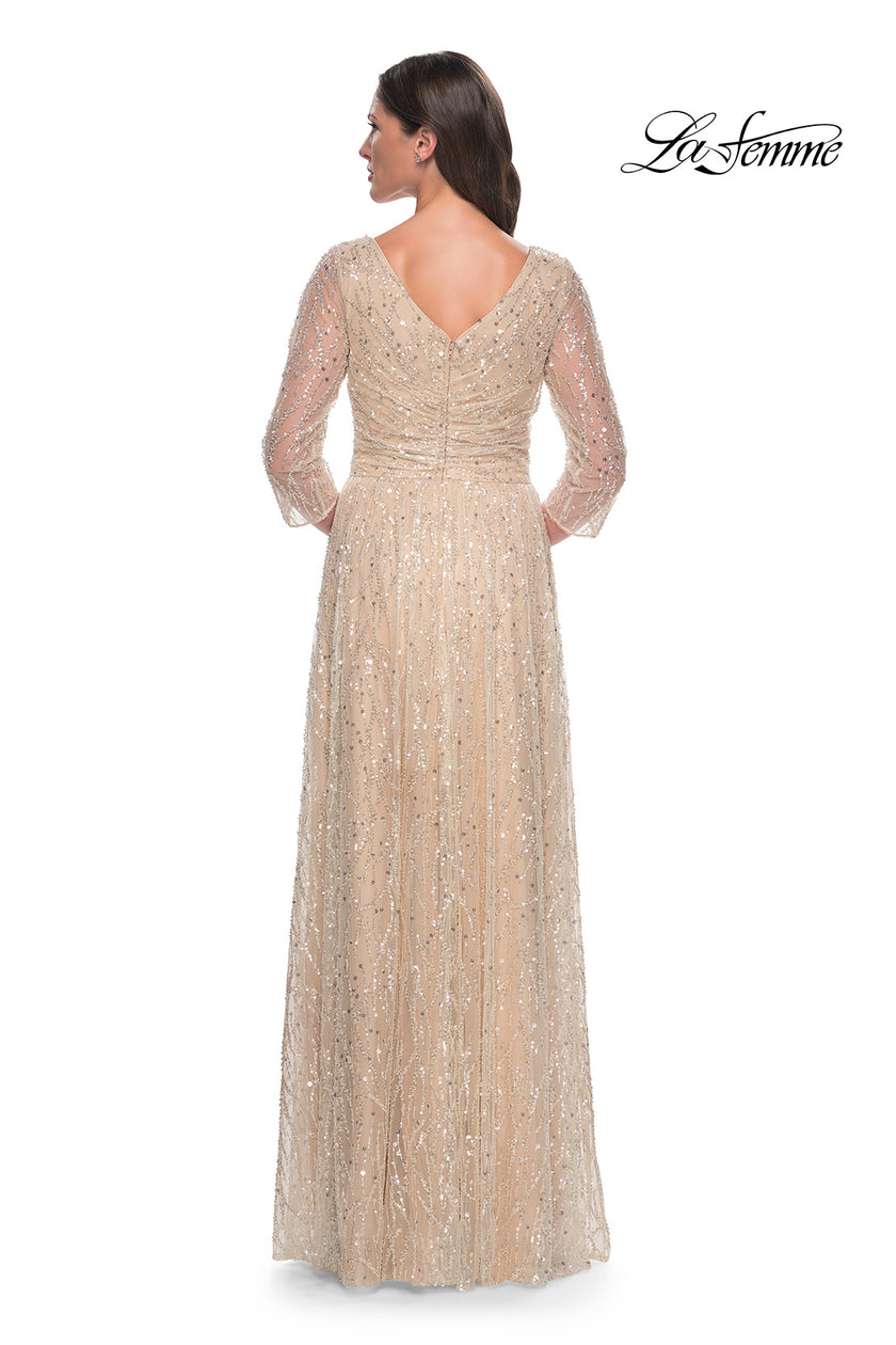 Picture of: Beaded Sequin Dress with Ruched Waist and V Neckline in Champagne, Style: 30911, Back Picture