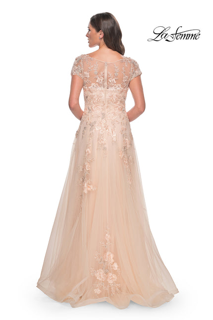 Picture of: Tulle and Lace A-Line Dress with Illusion Neckline and Short Sleeves in Champagne, Style: 31198, Back Picture