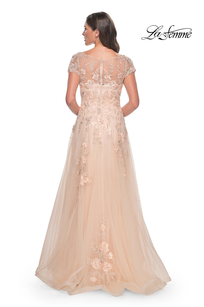 Picture of: Tulle and Lace A-Line Dress with Illusion Neckline and Short Sleeves in Champagne, Style: 31198, Back Picture