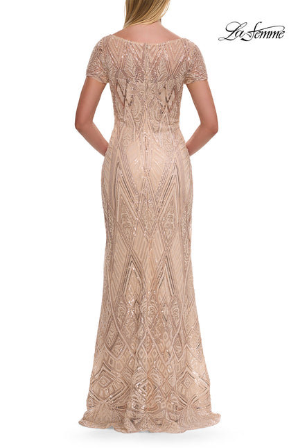 Picture of: Art Deco Beaded Long Evening Dress with V Neckline in Champagne, Style: 31844, Back Picture