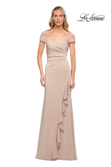 Picture of: Off the Shoulder Jersey Evening Gown with Ruffle Skirt Detail in Champagne, Detail Picture 1