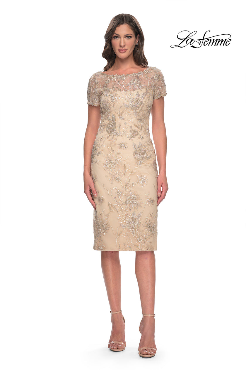 Picture of: Beaded Short Evening Dress with Illusion Neckline in Champagne, Style: 30801, Detail Picture 1