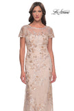 Picture of: Fitted Chic Beaded Dress with Illusion Neckline and Short Sleeves in Champagne, Style: 30841, Detail Picture 1