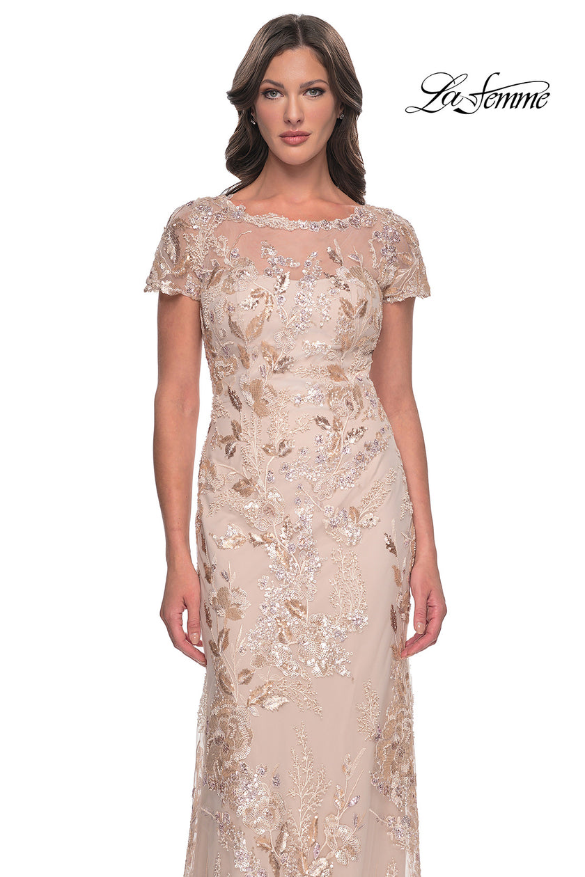 Picture of: Fitted Chic Beaded Dress with Illusion Neckline and Short Sleeves in Champagne, Style: 30841, Detail Picture 1