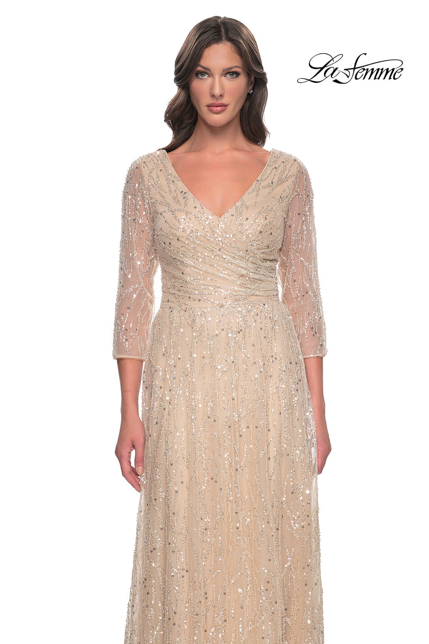 Picture of: Beaded Sequin Dress with Ruched Waist and V Neckline in Champagne, Style: 30911, Detail Picture 1