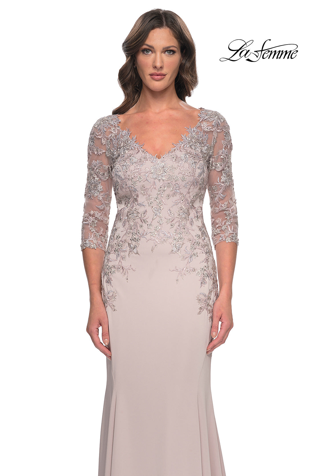 Picture of: Fitted Long Satin Dress with Lace Bodice and Sleeves in Champagne, Style: 31194, Detail Picture 1