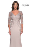 Picture of: Fitted Long Satin Dress with Lace Bodice and Sleeves in Champagne, Style: 31194, Detail Picture 1