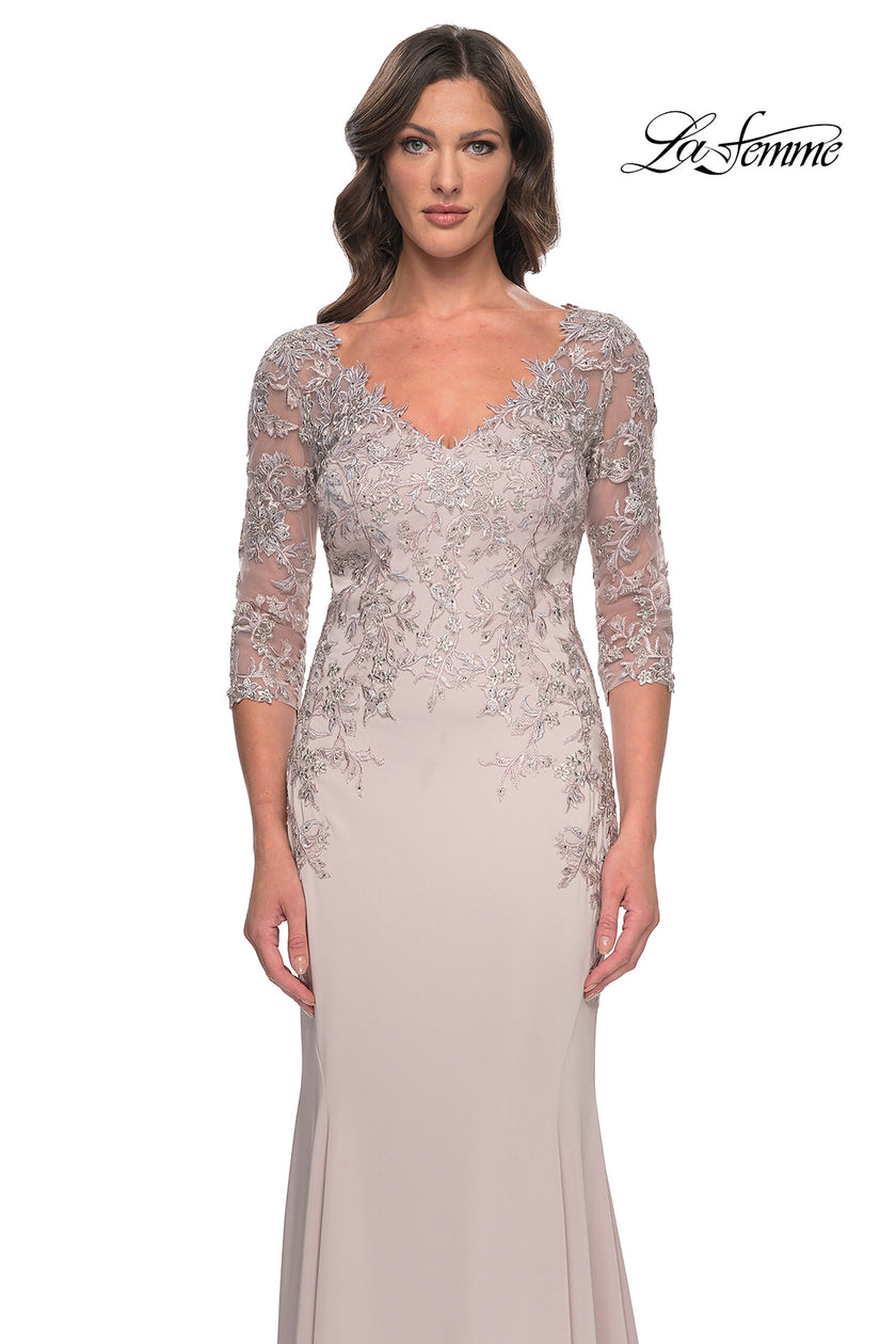 Picture of: Fitted Long Satin Dress with Lace Bodice and Sleeves in Champagne, Style: 31194, Detail Picture 1