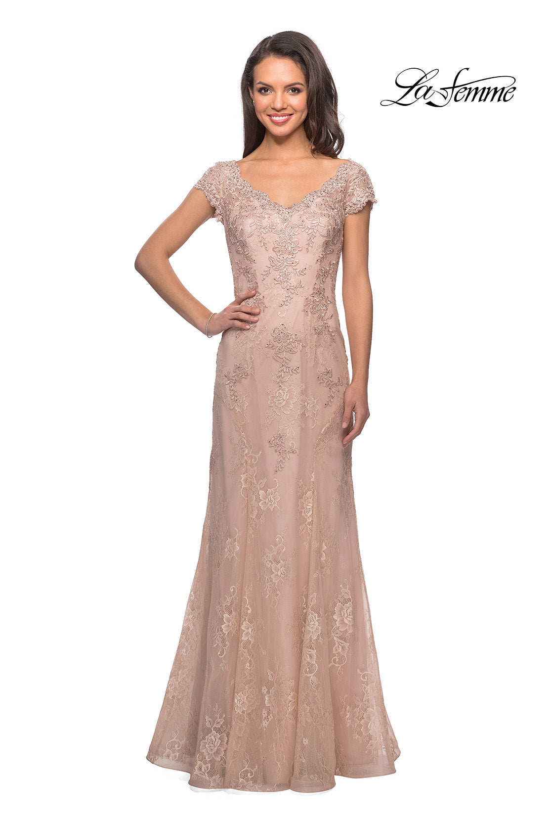 Picture of: Short Sleeve Lace Evening Dress with V Neckline in Ballet Pink, Style: 28099, Detail Picture 2