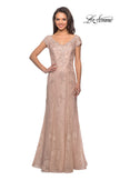 Picture of: Short Sleeve Lace Evening Dress with V Neckline in Ballet Pink, Style: 28099, Detail Picture 2