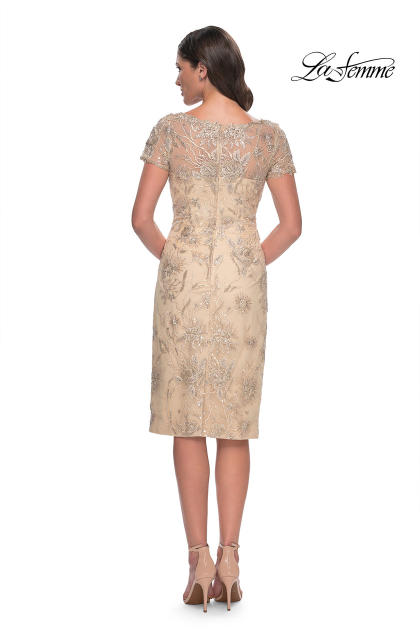 Picture of: Beaded Short Evening Dress with Illusion Neckline in Champagne, Style: 30801, Detail Picture 2