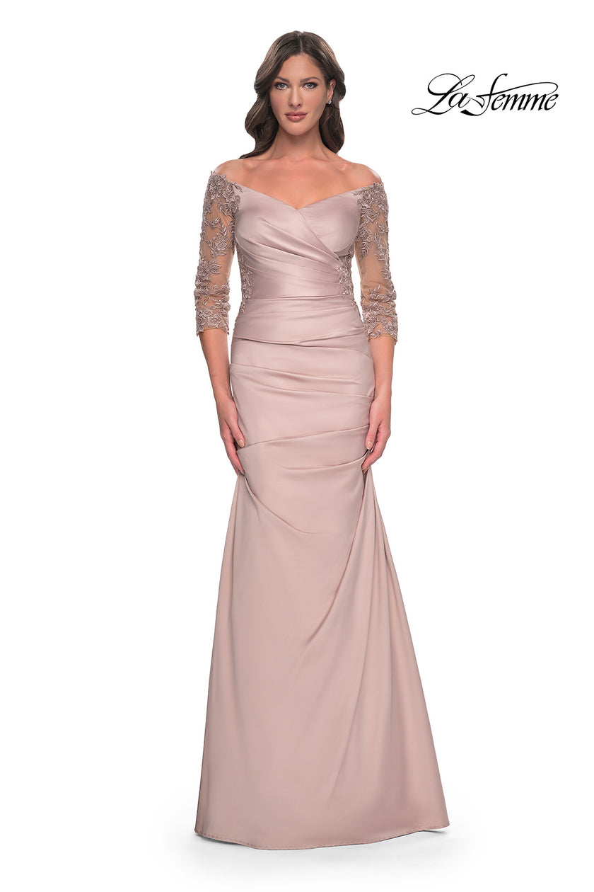 Picture of: Mermaid Satin Dress with Gathering and Off the Shoulder Top in Champagne, Style: 30853, Detail Picture 5