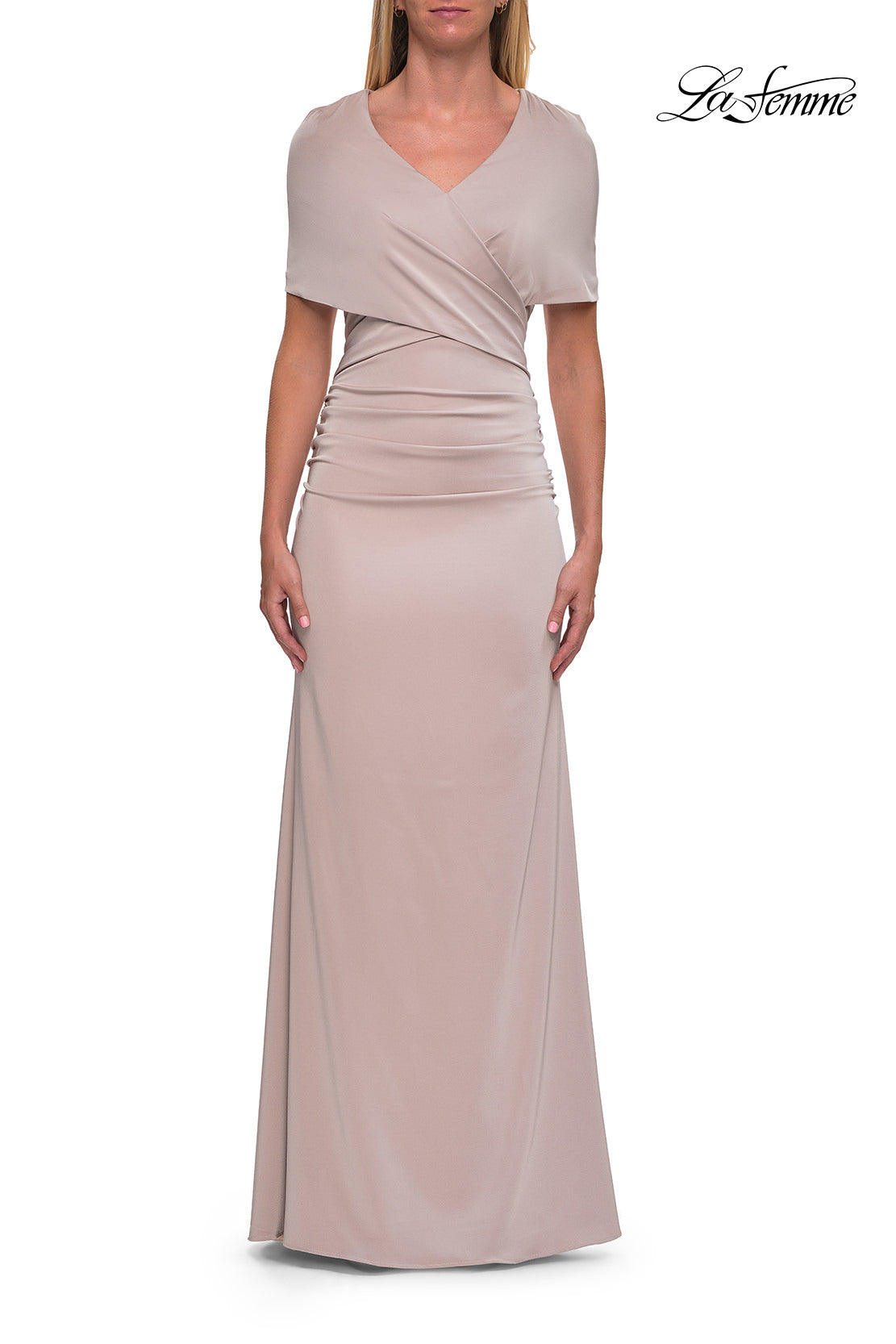 Picture of: Jersey Gown with Draped Bodice and Short Sleeves in Champagne, Style: 33157, Detail Picture 5