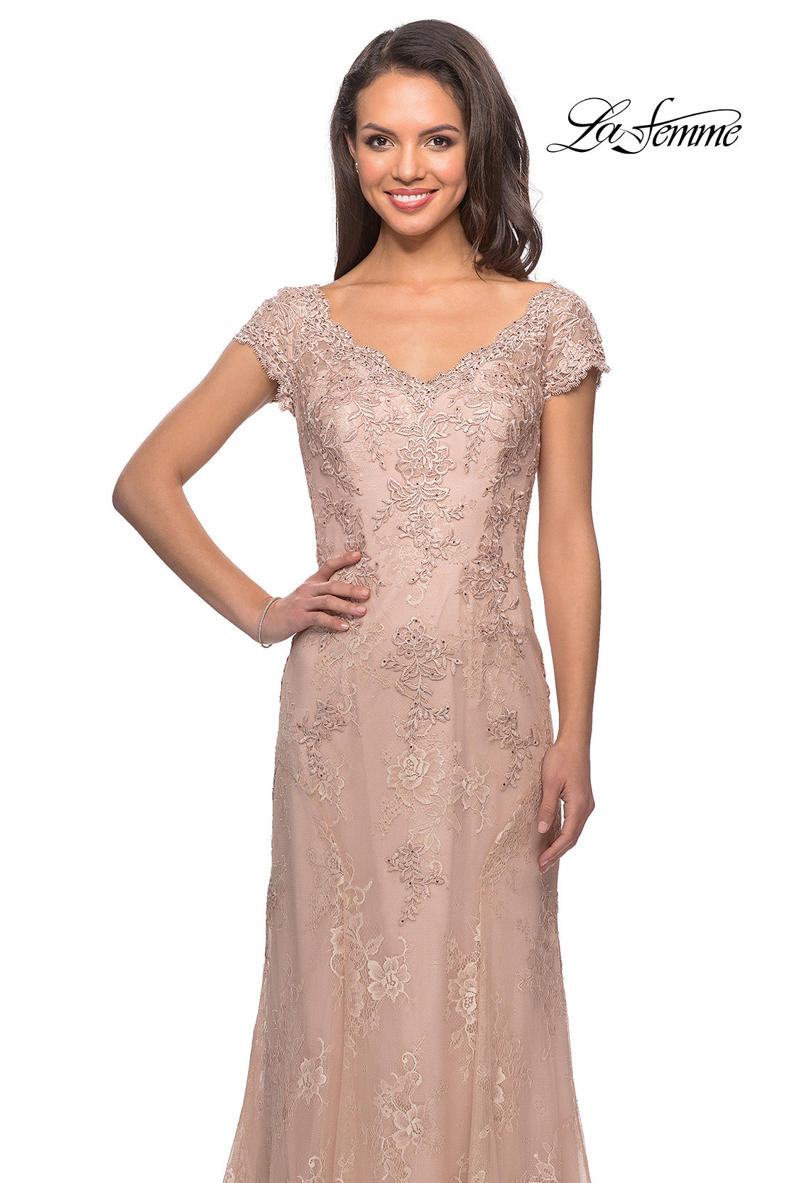Picture of: Short Sleeve Lace Evening Dress with V Neckline in Ballet Pink, Style: 28099, Detail Picture 6