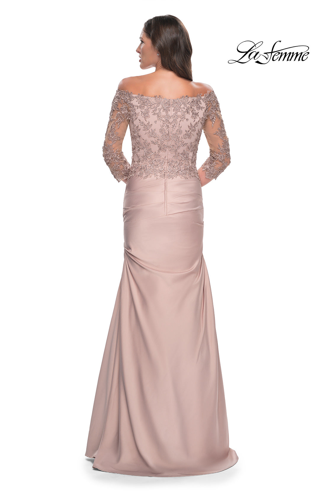 Picture of: Mermaid Satin Dress with Gathering and Off the Shoulder Top in Champagne, Style: 30853, Detail Picture 6