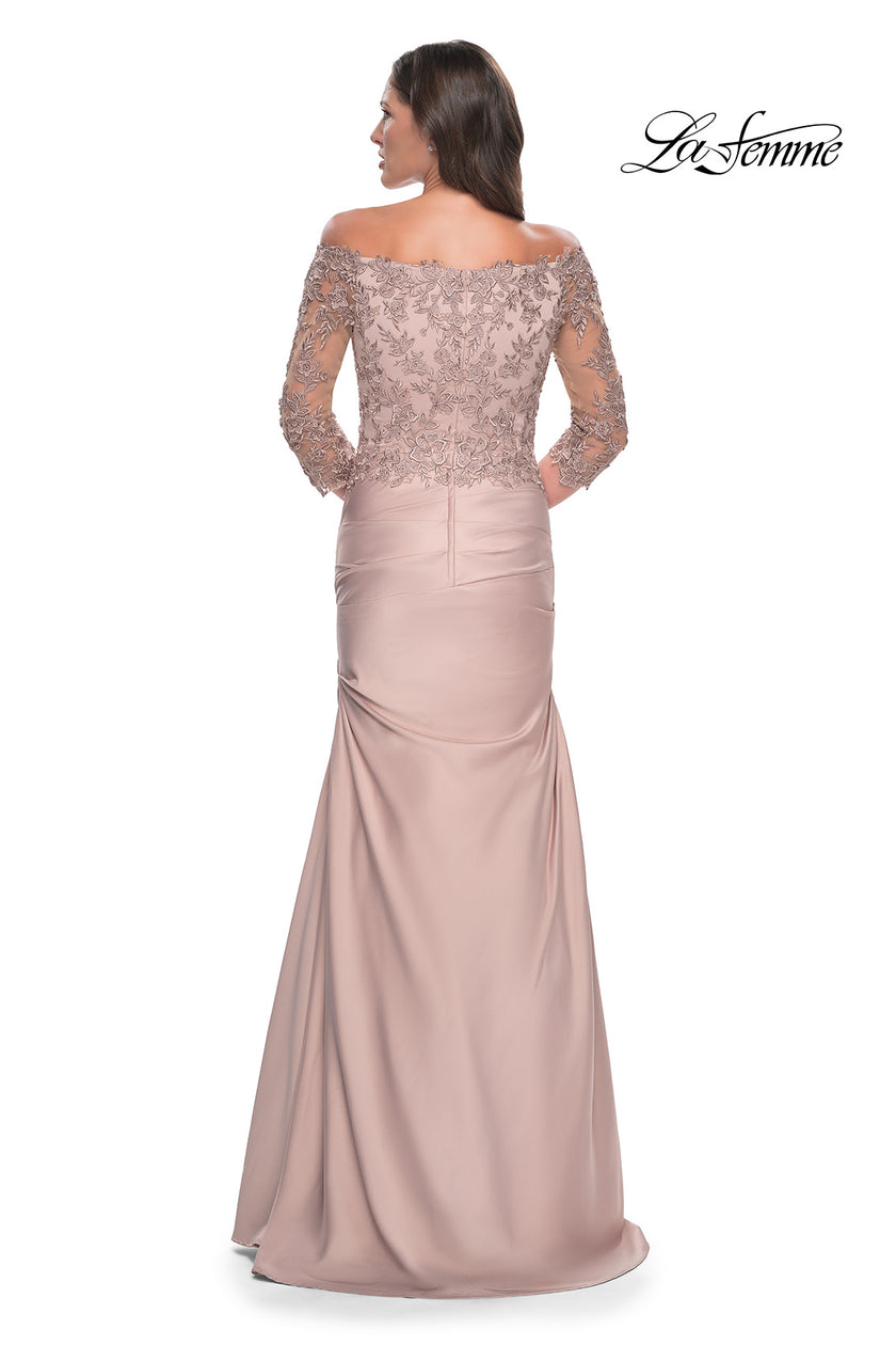 Picture of: Mermaid Satin Dress with Gathering and Off the Shoulder Top in Champagne, Style: 30853, Detail Picture 6