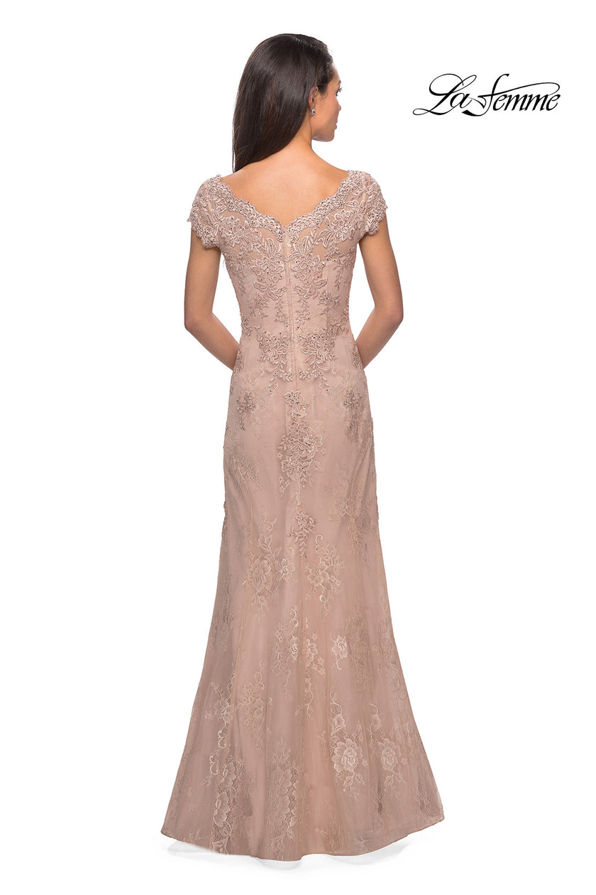 Picture of: Short Sleeve Lace Evening Dress with V Neckline in Ballet Pink, Style: 28099, Detail Picture 7