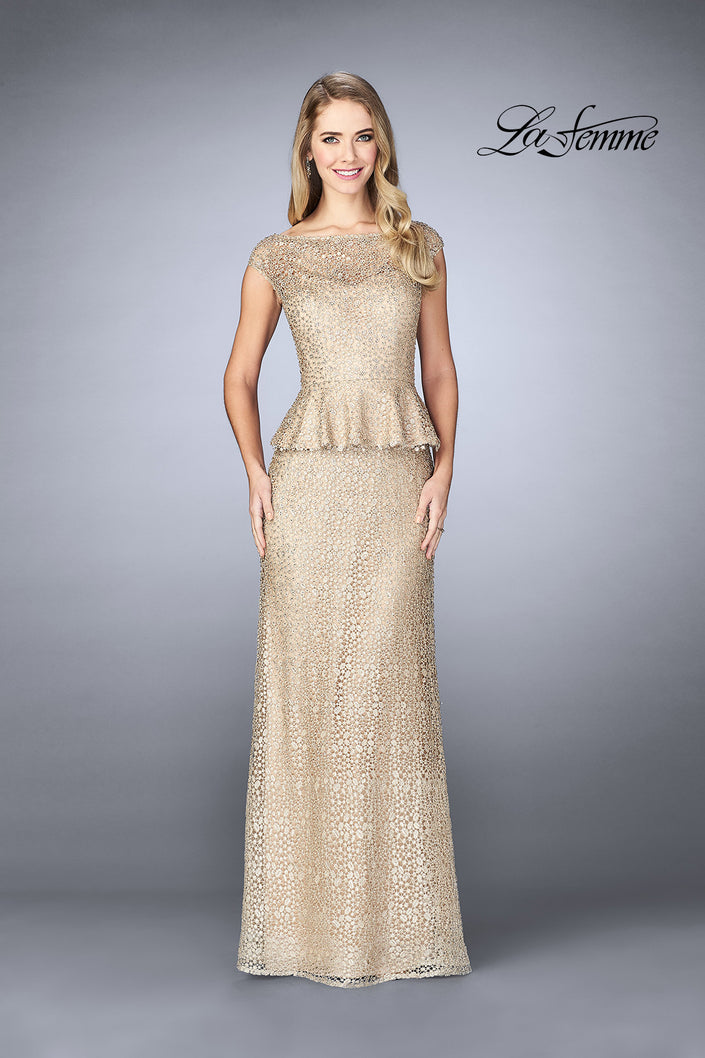 Picture of: Lace A-line Gown With Sheer Neckline and Peplum in Champagne, Style: 24896, Detail Picture 1