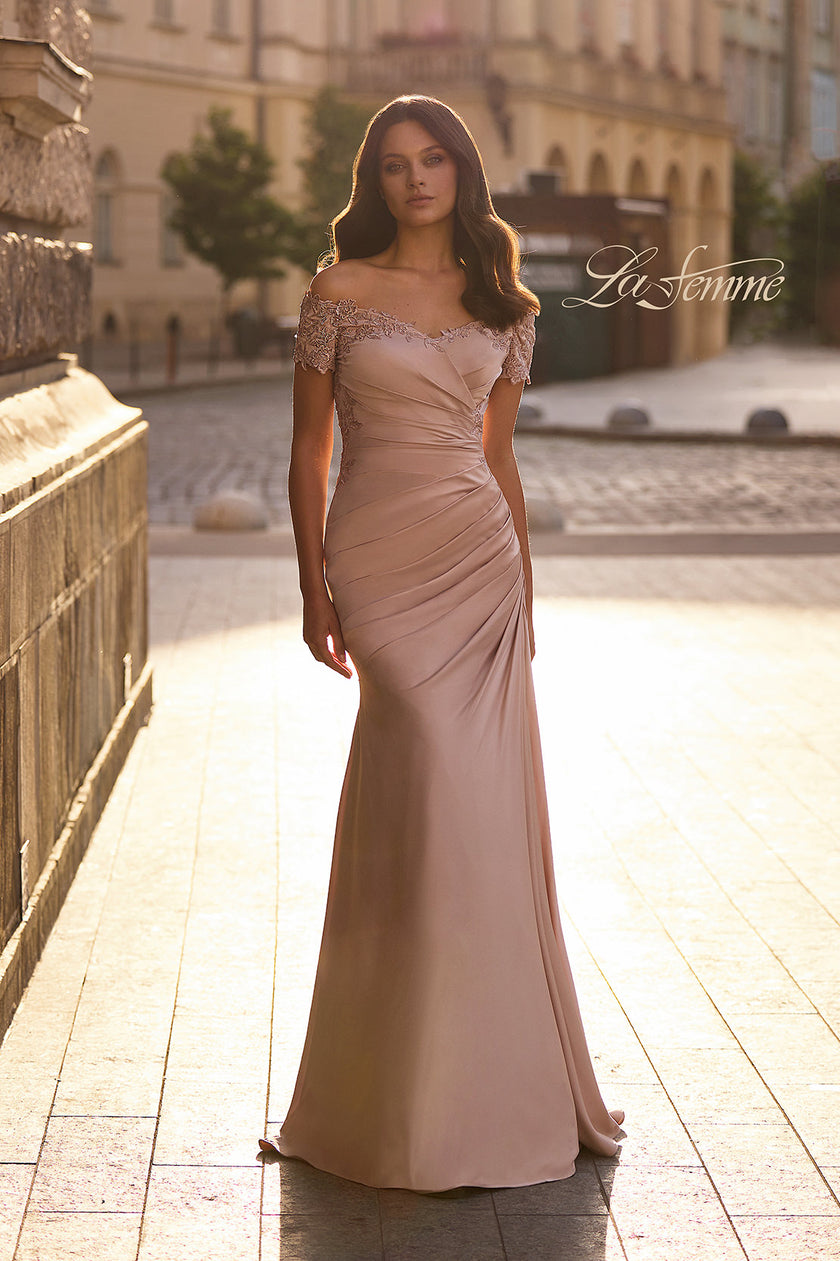 Picture of: Off the Shoulder Satin and Lace Mermaid Pleated Gown, Style: 30199, Main Picture