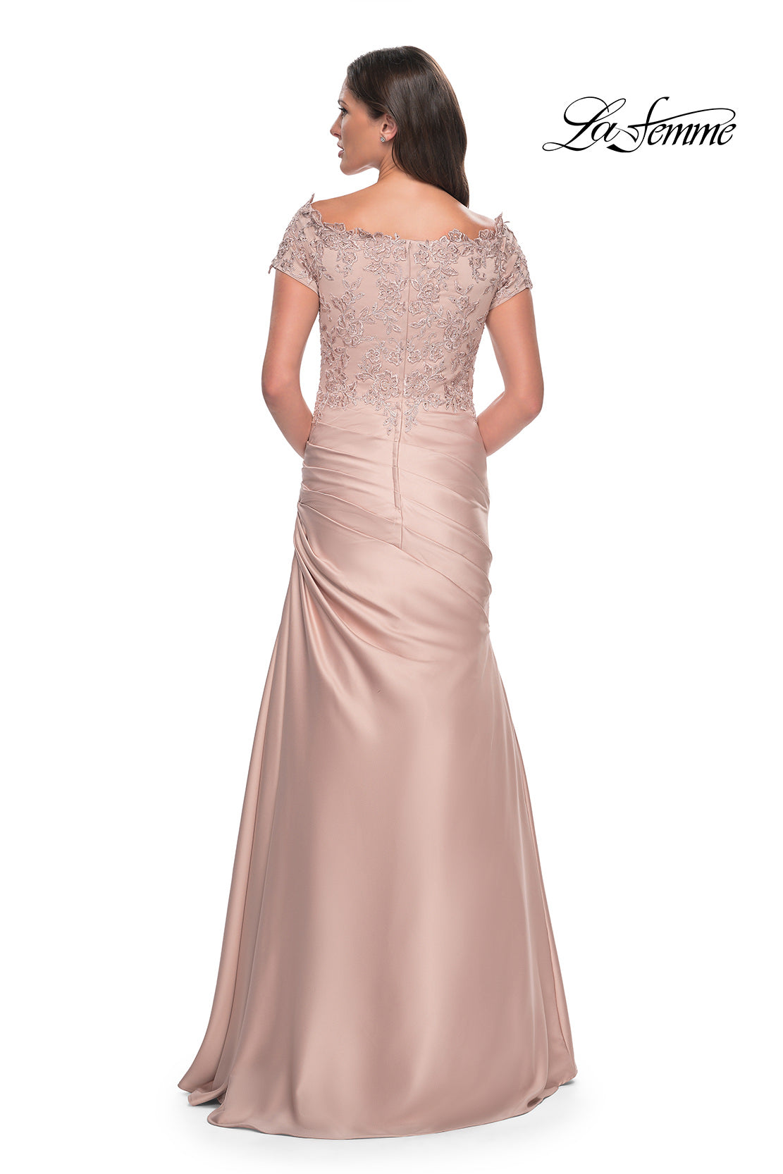 Picture of: Off the Shoulder Satin and Lace Mermaid Pleated Gown, Style: 30199, Detail Picture 8