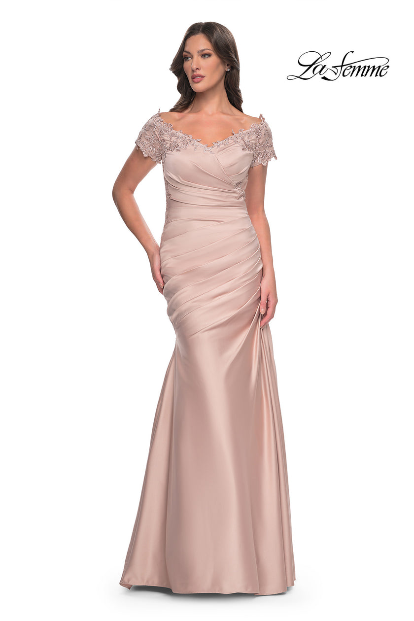 Picture of: Off the Shoulder Satin and Lace Mermaid Pleated Gown, Style: 30199, Detail Picture 9