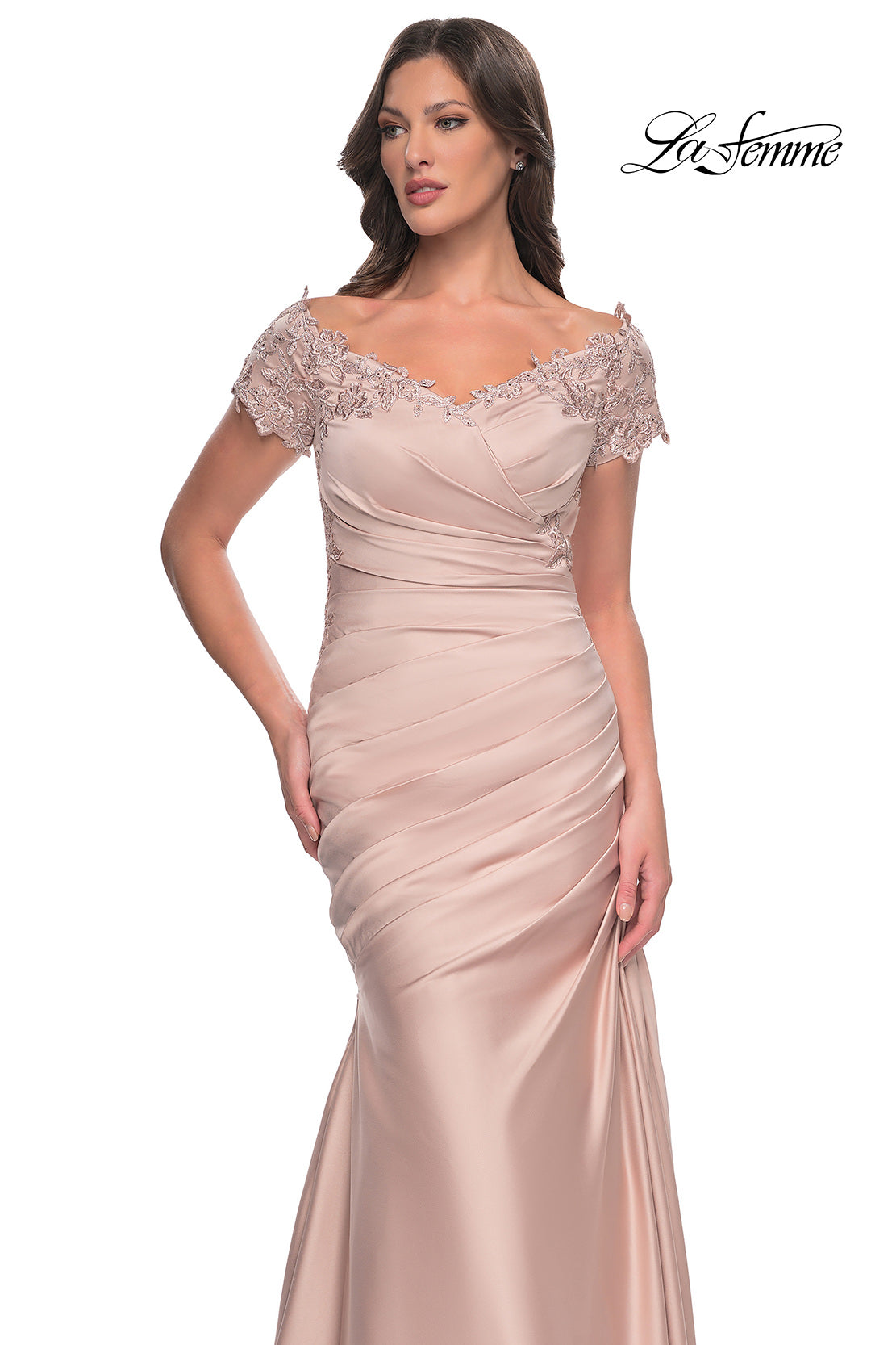 Picture of: Off the Shoulder Satin and Lace Mermaid Pleated Gown, Style: 30199, Detail Picture 12