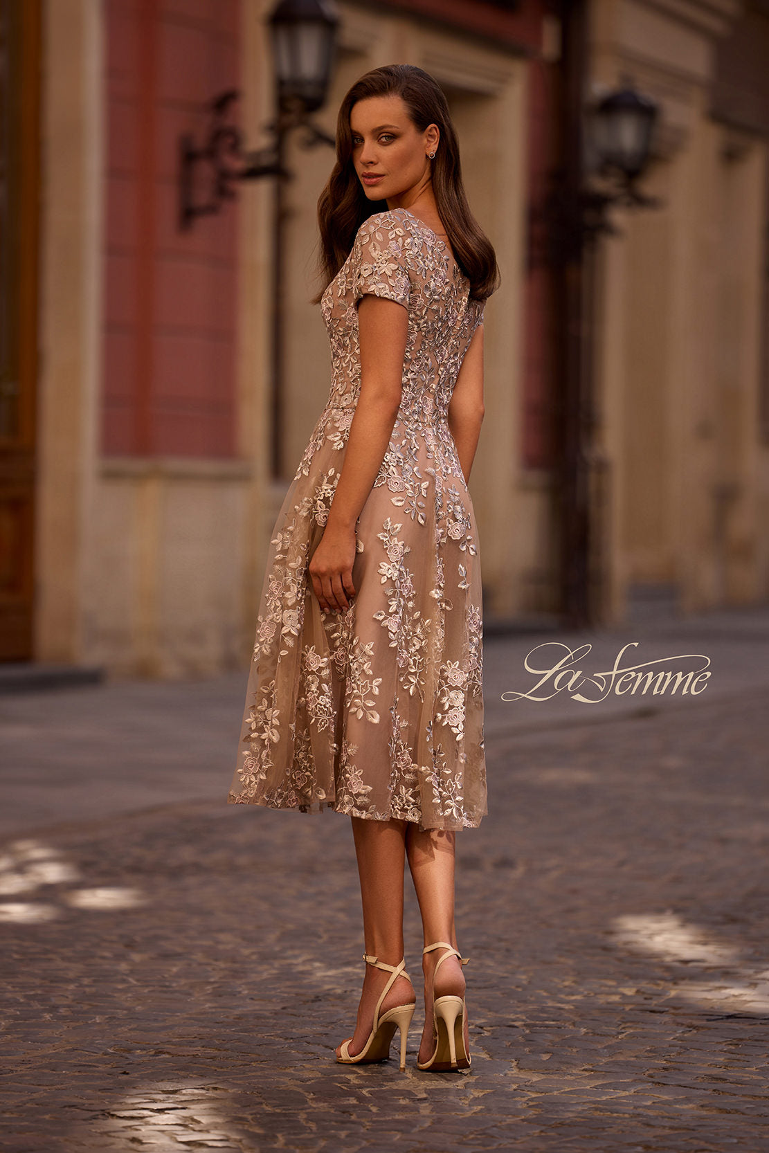 Picture of: Tea Length Mother of the Bride Dress with Short Sleeves, Style: 29830, Back Picture