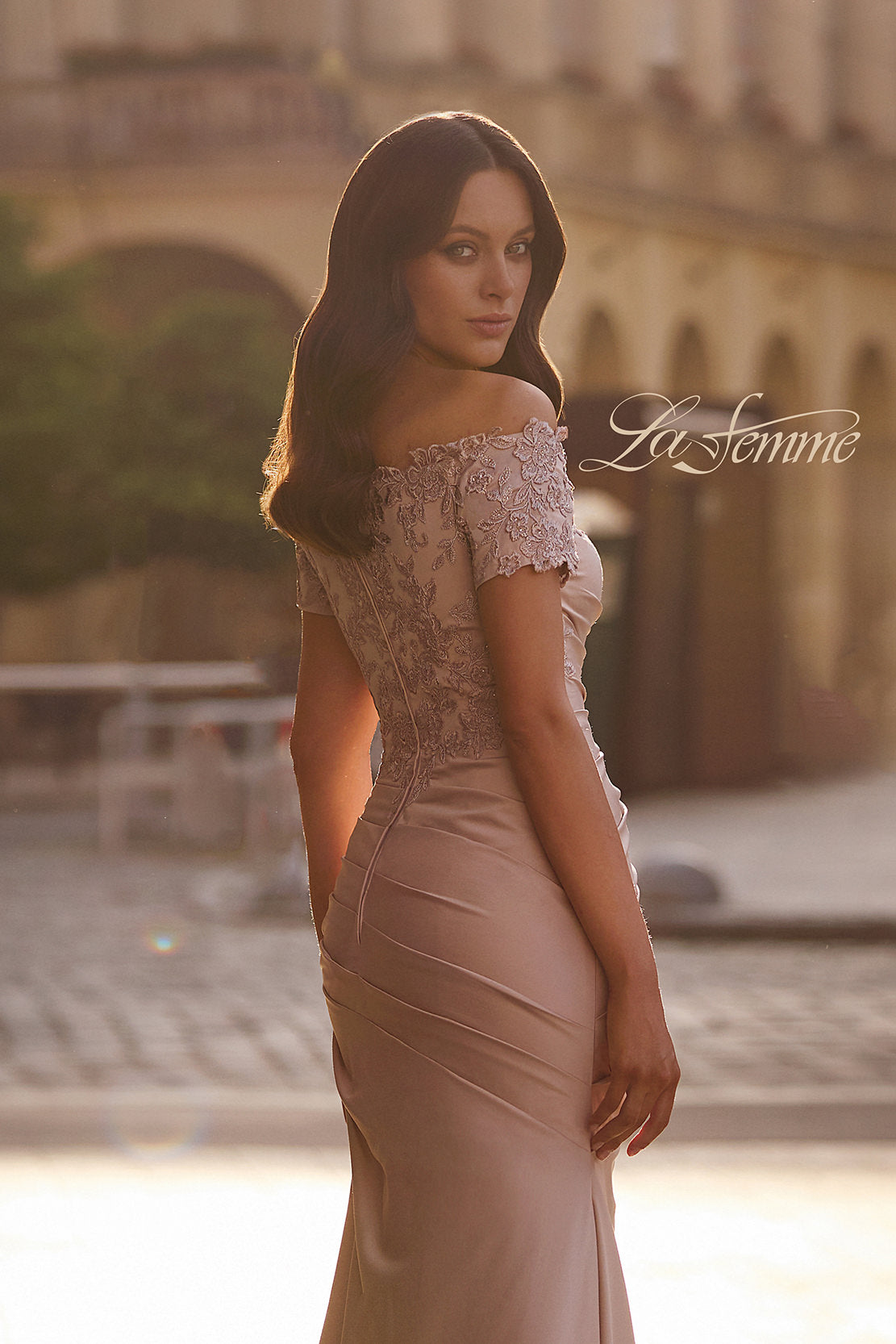 Picture of: Off the Shoulder Satin and Lace Mermaid Pleated Gown, Style: 30199, Detail Picture 2