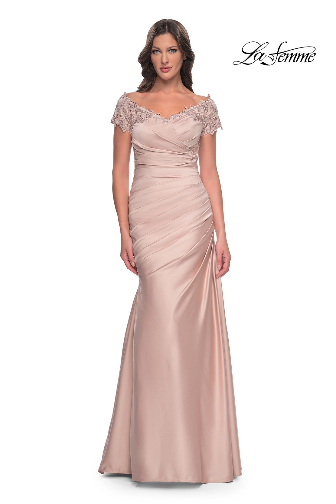 Picture of: Off the Shoulder Satin and Lace Mermaid Pleated Gown, Style: 30199, Detail Picture 7