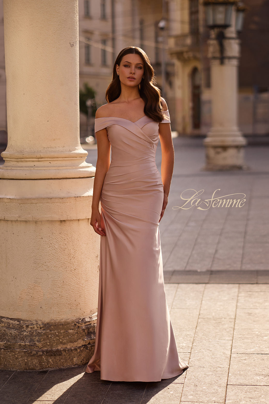 Picture of: Off the Shoulder Satin Evening Dress with Pleating, Style: 28103, Main Picture