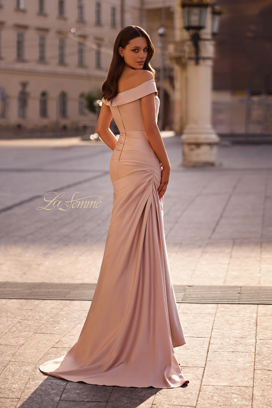 Picture of: Off the Shoulder Satin Evening Dress with Pleating, Style: 28103, Back Picture