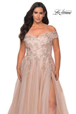 Picture of: Off The Shoulder Tulle Plus Size Gown with Lace in Champagne, Style: 28950, Main Picture