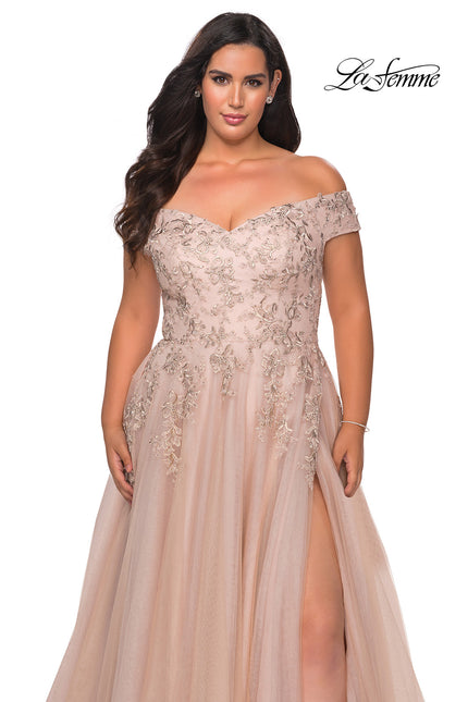 Picture of: Off The Shoulder Tulle Plus Size Gown with Lace in Champagne, Style: 28950, Main Picture