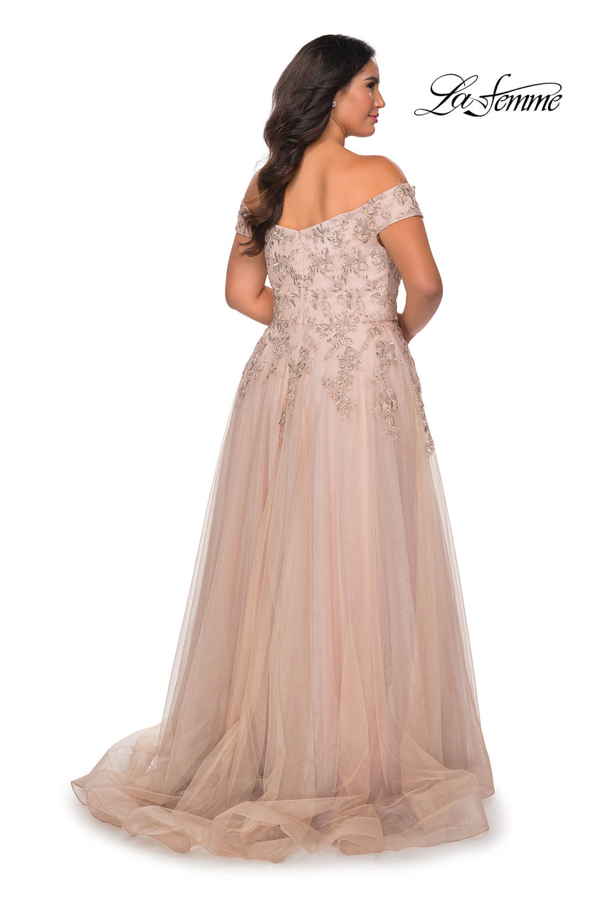 Picture of: Off The Shoulder Tulle Plus Size Gown with Lace in Champagne, Style: 28950, Back Picture