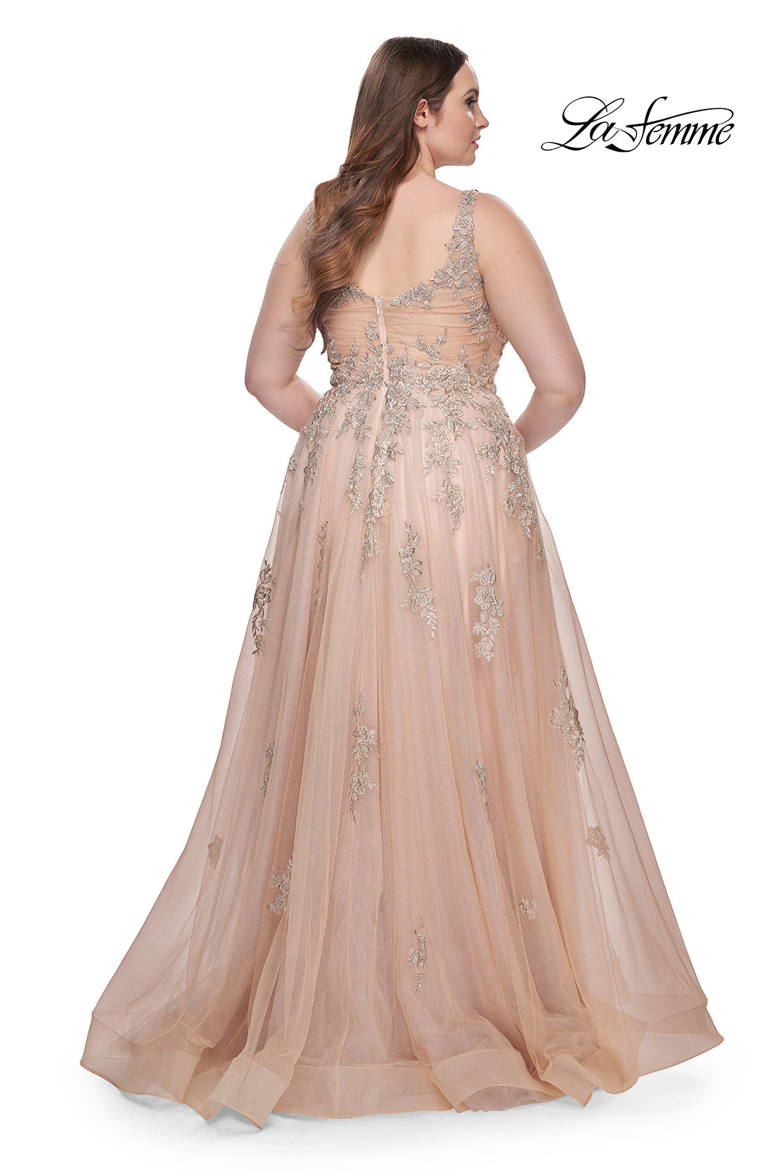 Picture of: Lace Embellished Tulle A-Line Dress with Illusion Back in Champagne, Style: 31383, Back Picture