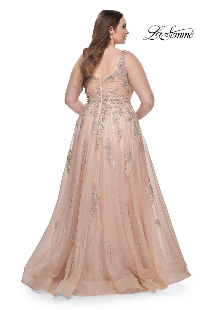 Picture of: Lace Embellished Tulle A-Line Dress with Illusion Back in Champagne, Style: 31383, Back Picture