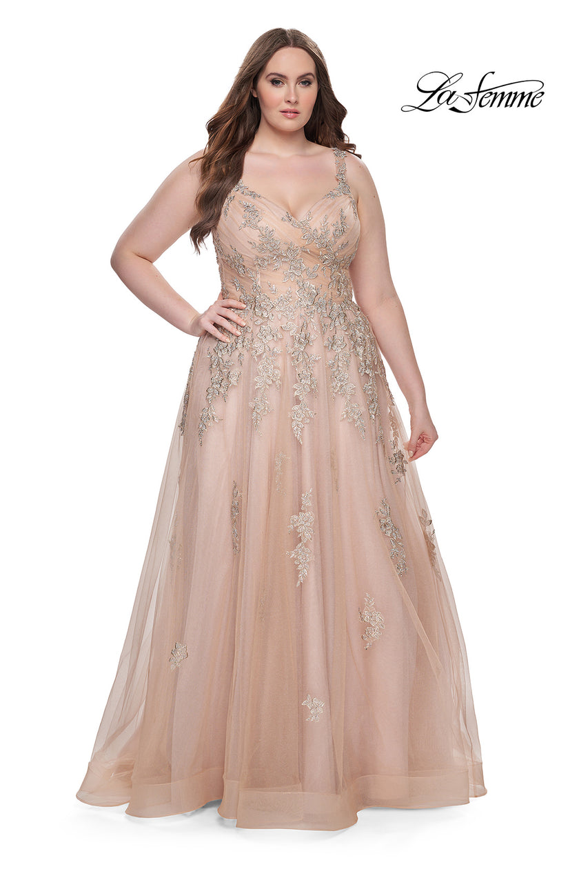 Picture of: Lace Embellished Tulle A-Line Dress with Illusion Back in Champagne, Style: 31383, Detail Picture 3