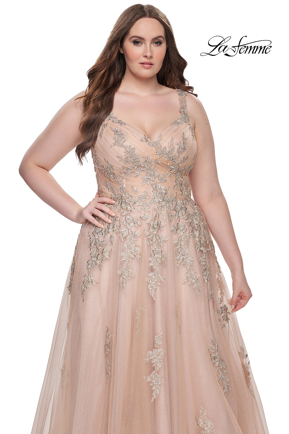 Picture of: Lace Embellished Tulle A-Line Dress with Illusion Back in Champagne, Style: 31383, Detail Picture 4