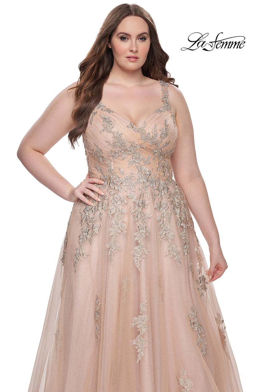 Picture of: Lace Embellished Tulle A-Line Dress with Illusion Back in Champagne, Style: 31383, Detail Picture 4