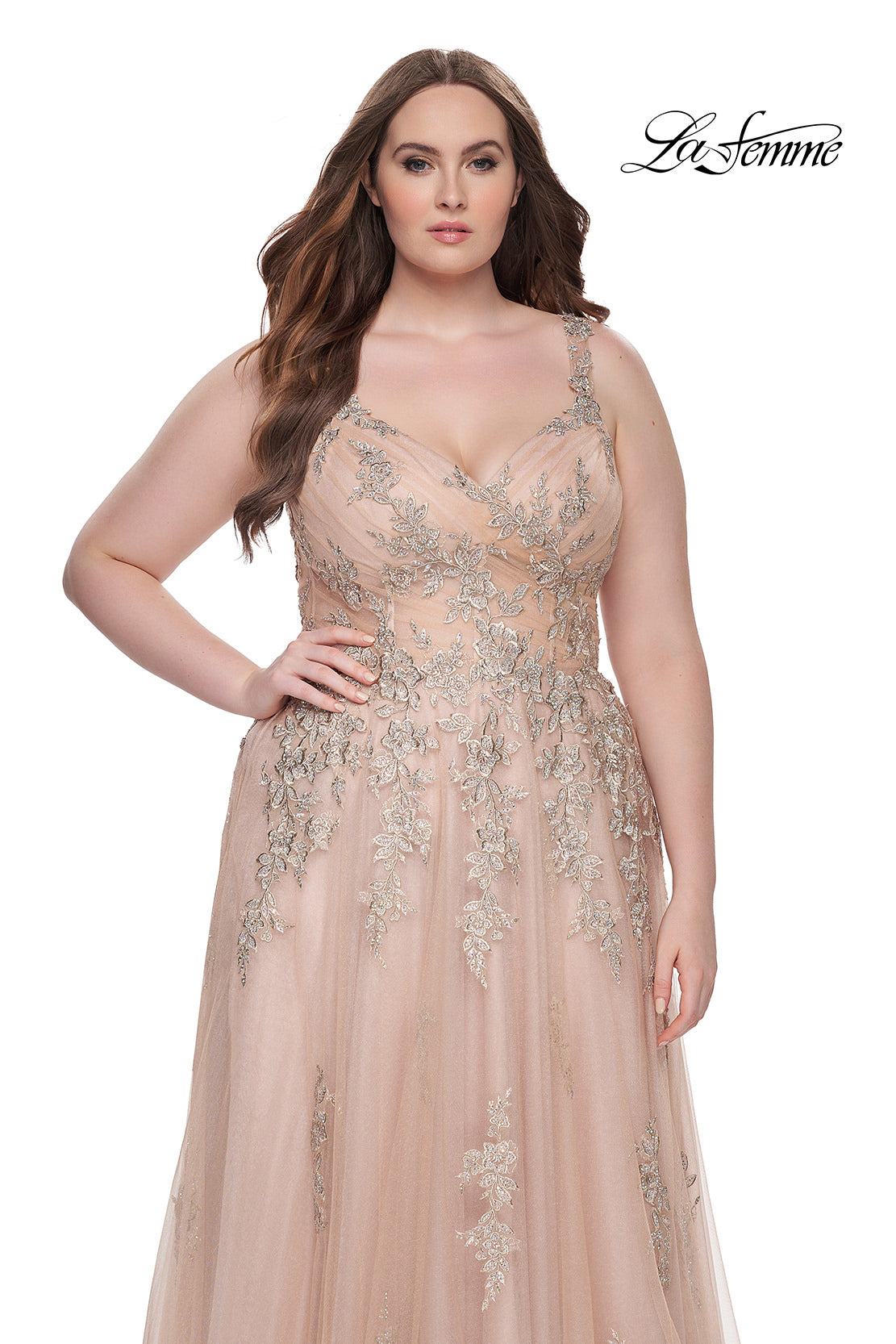 Picture of: Lace Embellished Tulle A-Line Dress with Illusion Back in Champagne, Style: 31383, Detail Picture 6