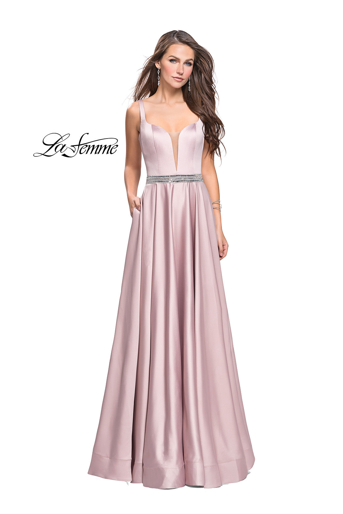 Picture of: Satin Prom Dress with A Line Skirt and Beaded Belt in Champagne, Style: 24821, Main Picture