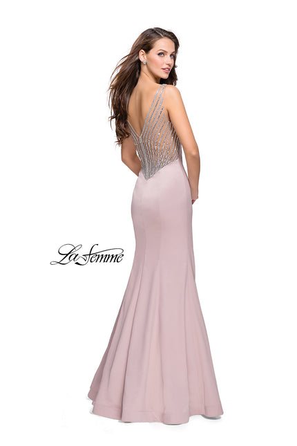 Picture of: Long Mermaid Gown with Sheer Deep V and Beading in Champagne, Style: 25454, Main Picture