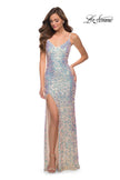 Picture of: Iridescent Long Sequin Dress with V Neckline in Champagne, Style 29936, Main Picture
