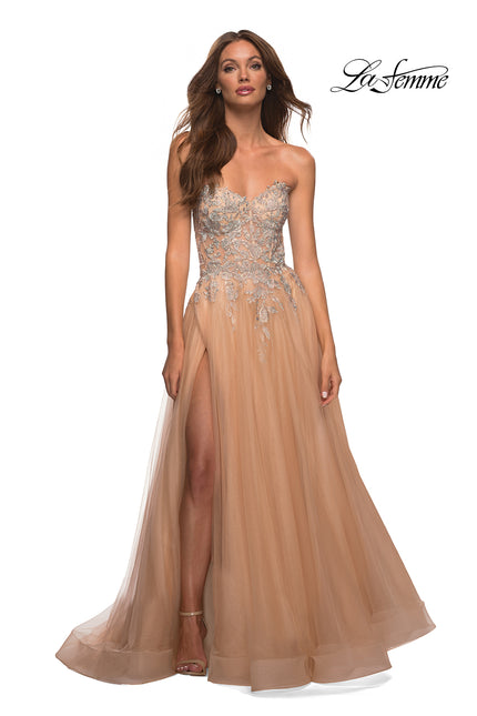 Picture of: Tulle and Lace Ballgown with High Slit and Pockets in Champagne, Main Picture