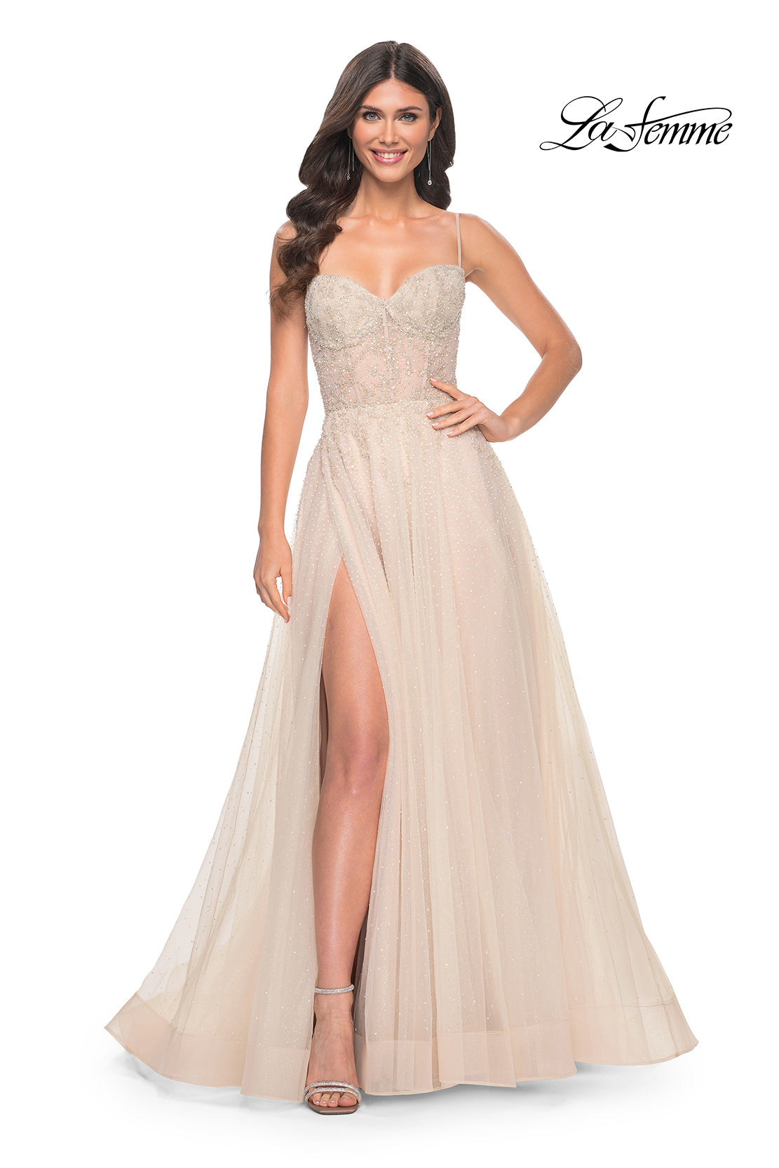 Picture of: A-Line Rhinestone and Lace Embellished Prom Dress in Nude, Style: 32271, Main Picture