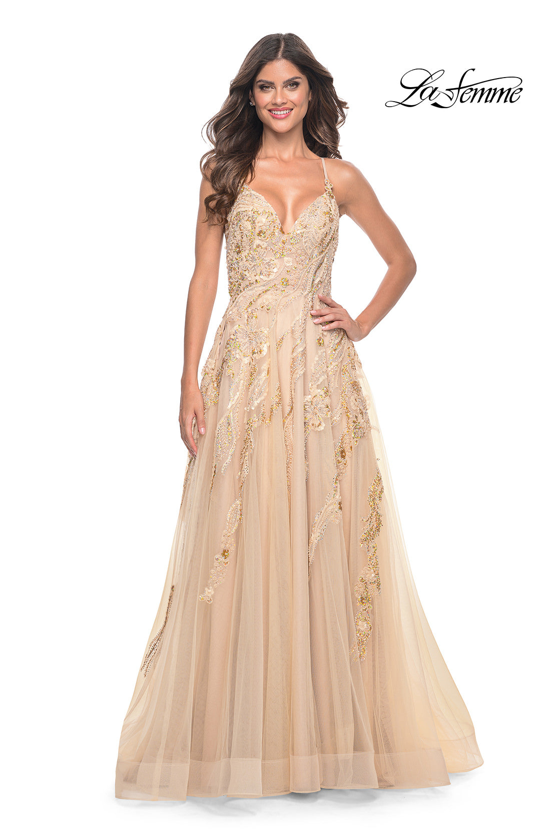 Picture of: Fabulous A-Line Gown Embellished with Sequin Beaded Applique in Champagne, Style: 32032, Detail Picture 11