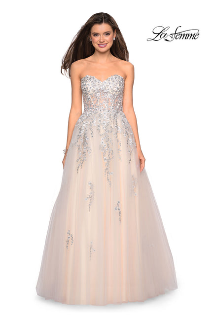 Picture of: Strapless Tulle Gown with Corset Bodice and Lace Detail in Champagne, Style: 27592, Detail Picture 1